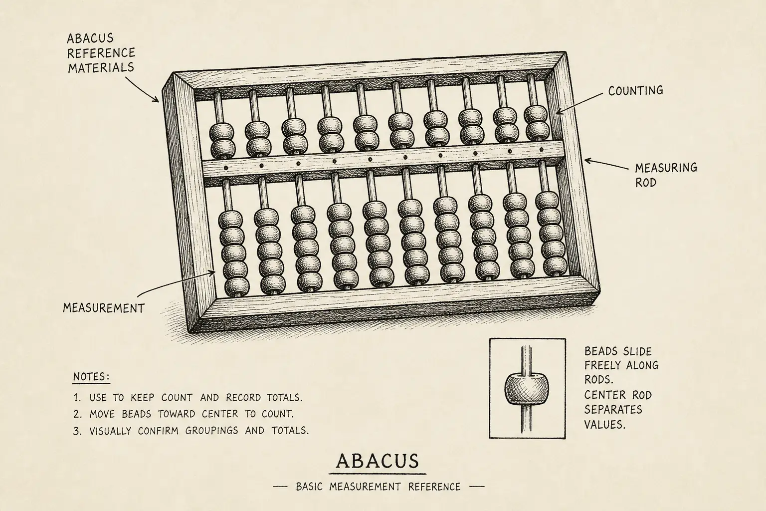 Field sketch of Abacus, highlighting abacus reference materials, counting, measuring rod, measurement.