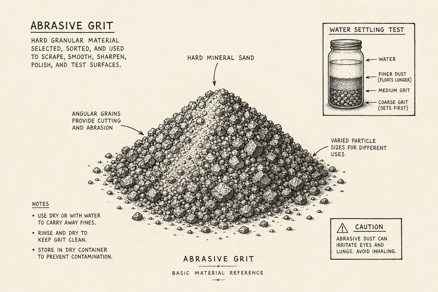 Field sketch of Abrasive grit, highlighting hard mineral sand, water settling test, material.