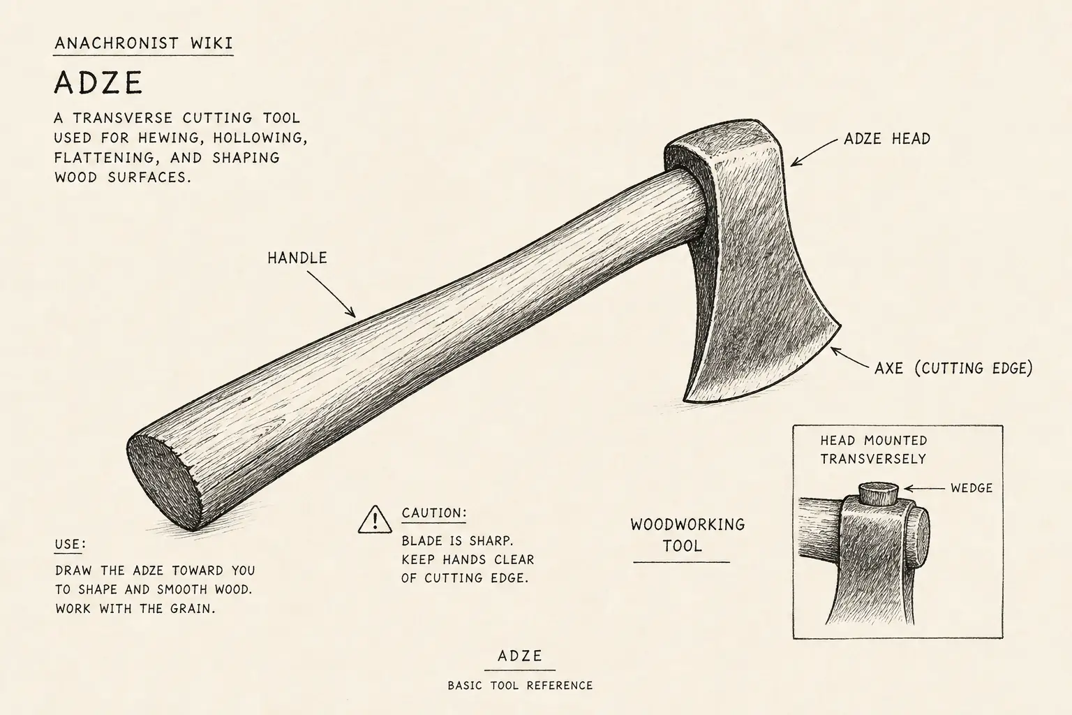 Field sketch of Adze, highlighting adze head and handle, axe, woodworking, tool.