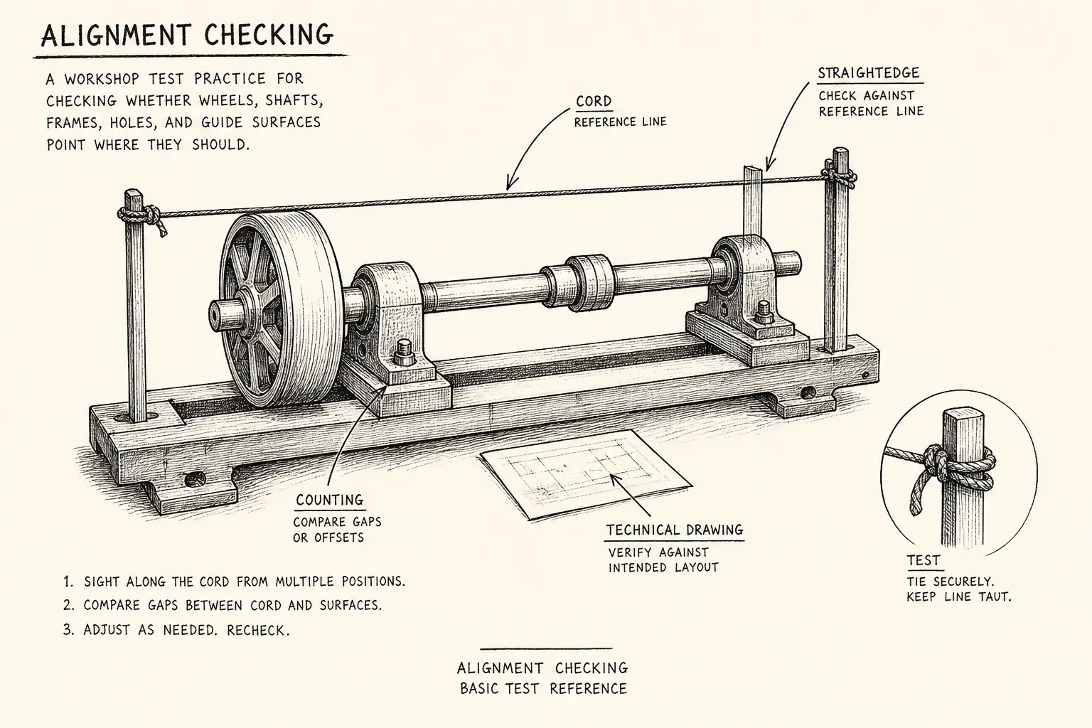 Field sketch of Alignment checking, highlighting cord, straightedge, counting, technical drawing.