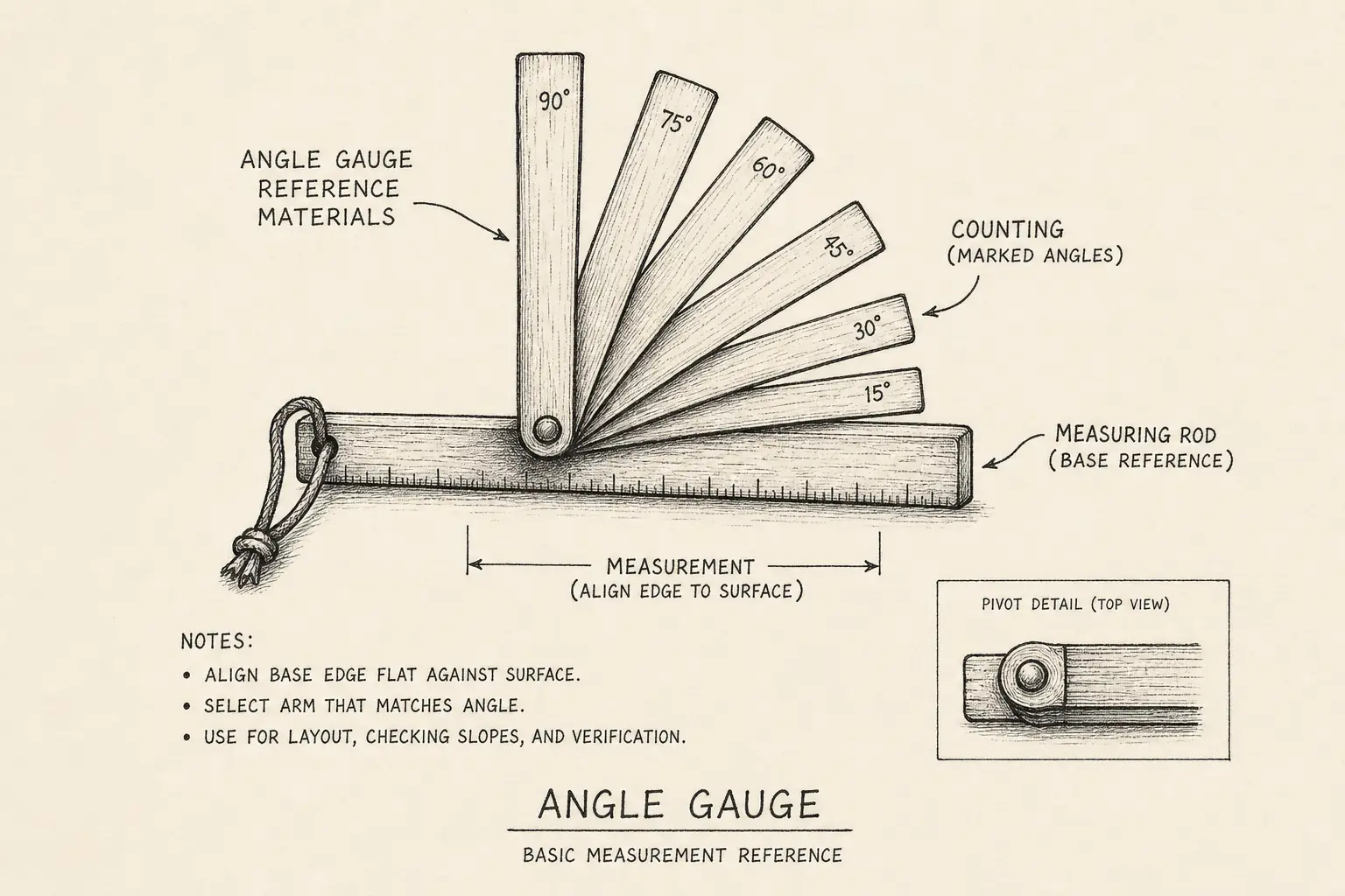 Field sketch of Angle Gauge, highlighting angle gauge reference materials, counting, measuring rod, measurement.