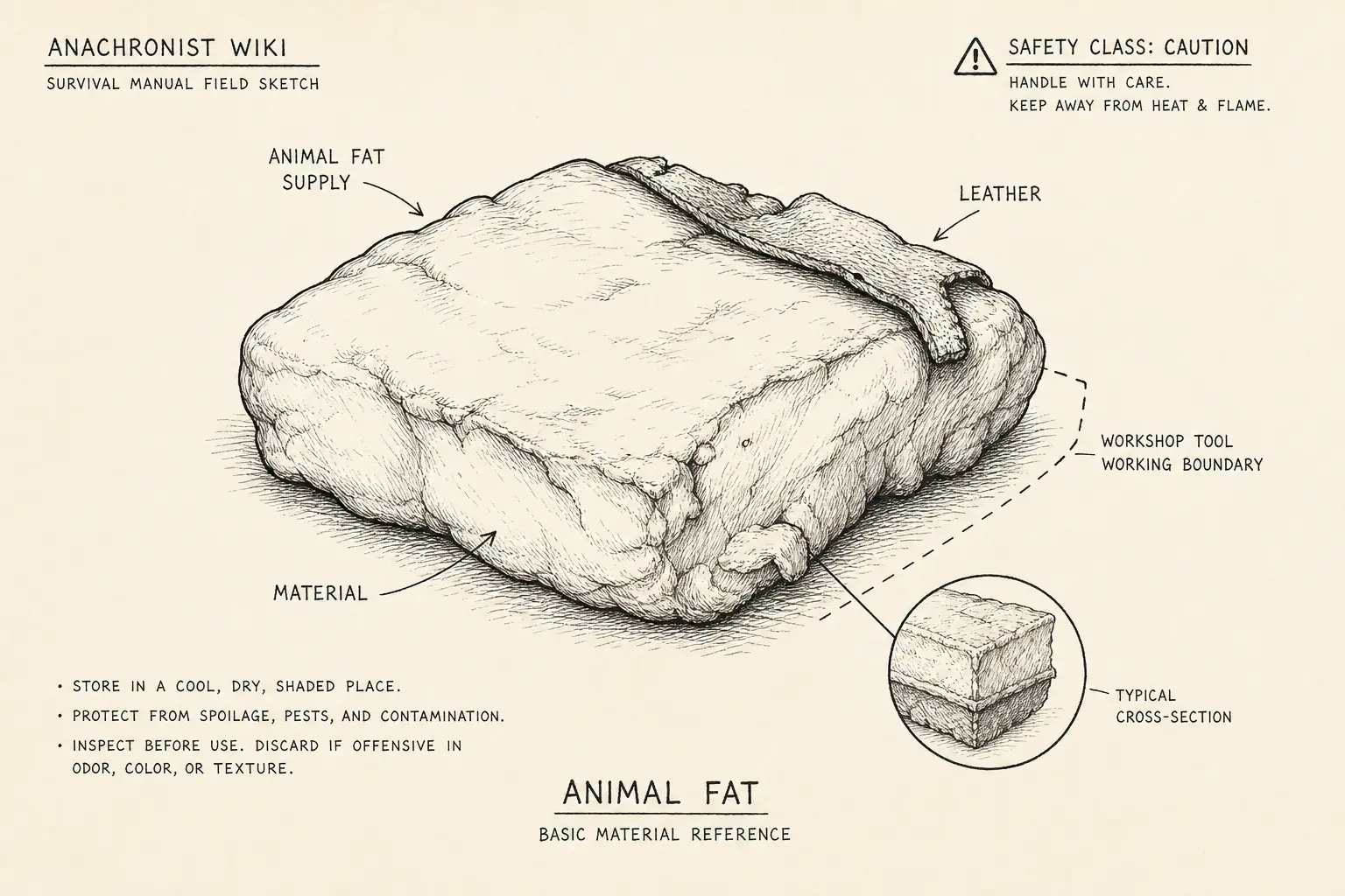Field sketch of Animal Fat, highlighting animal fat supply, leather, cutting edge, material.