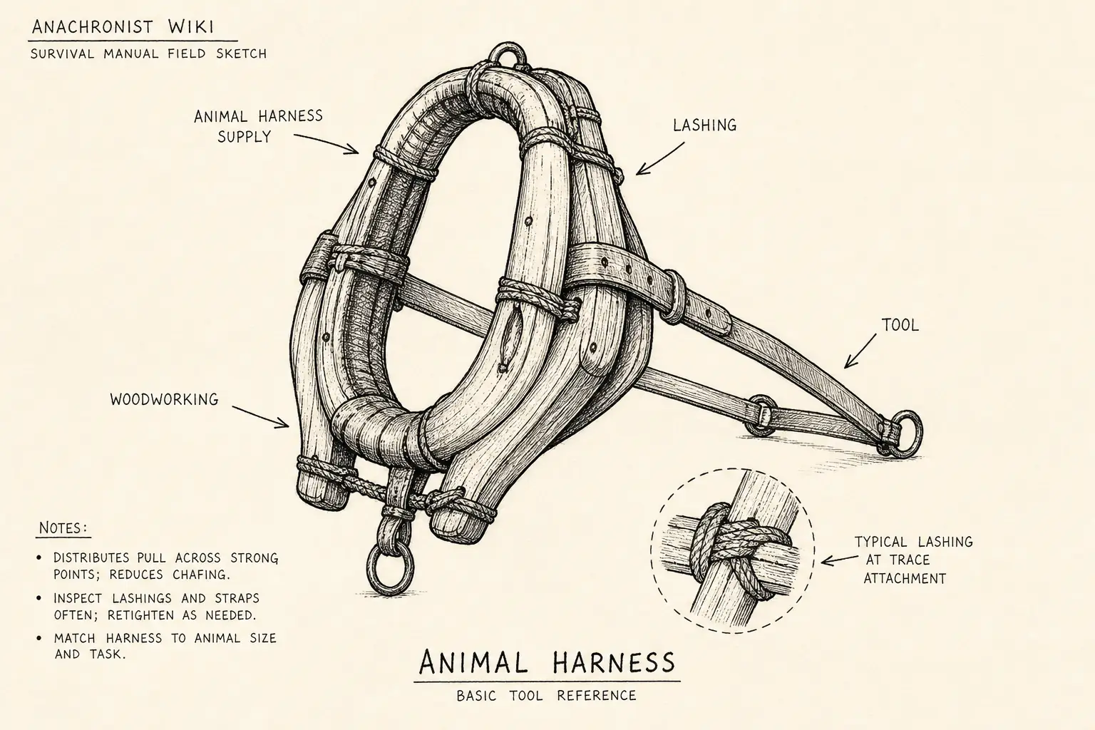Field sketch of Animal Harness, highlighting animal harness supply, woodworking, lashing, tool.