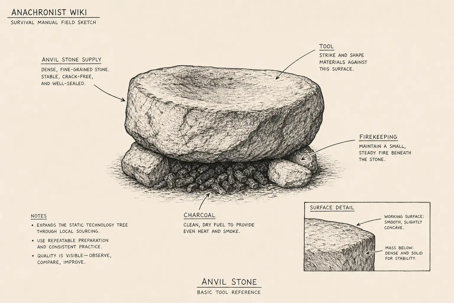Field sketch of Anvil Stone, highlighting anvil stone supply, firekeeping, charcoal, tool.