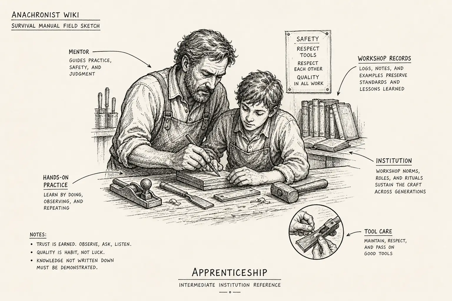 Field sketch of Apprenticeship, highlighting workshop records, institution.
