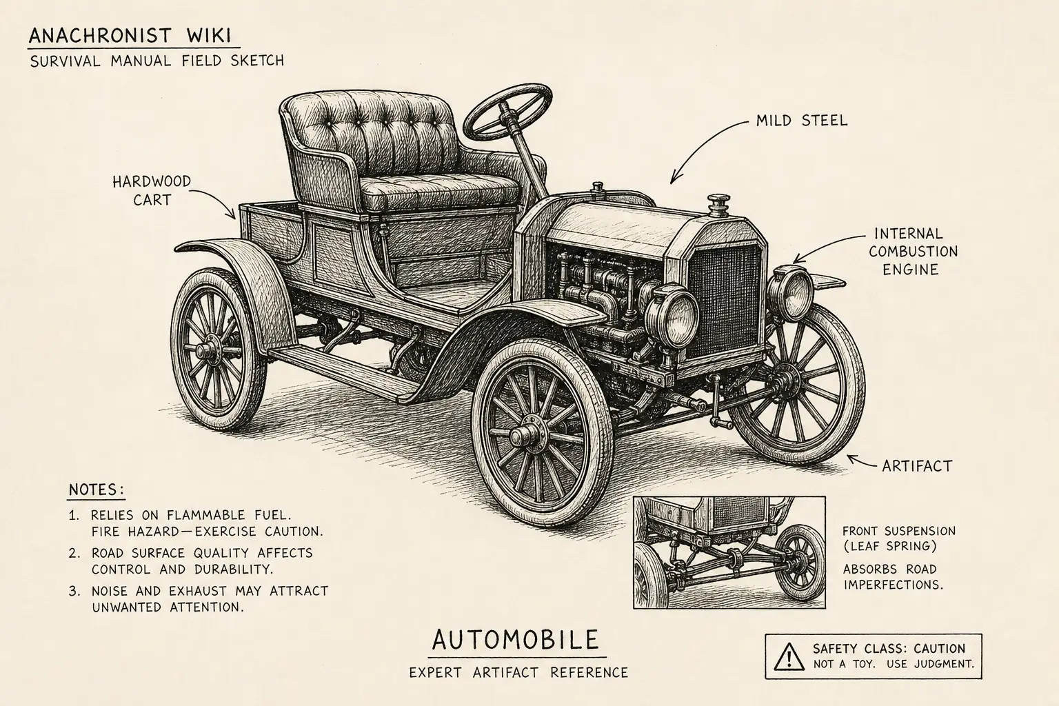 Field sketch of Automobile, highlighting mild steel, hardwood, cart, internal combustion engine.