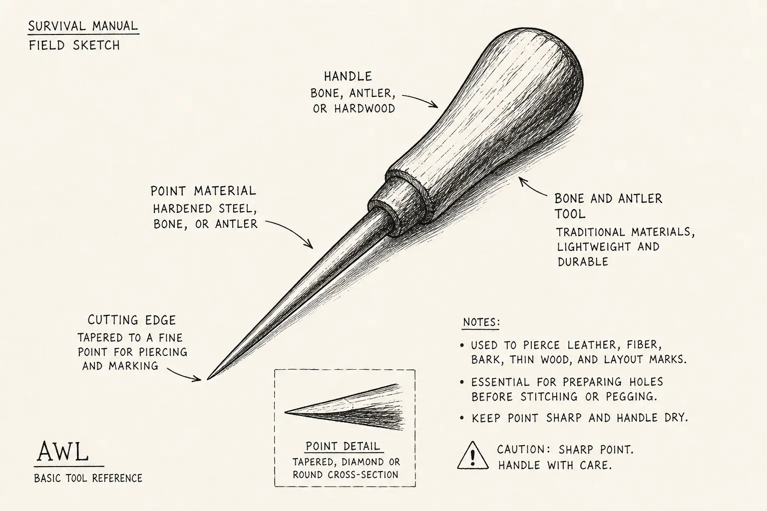 Field sketch of Awl, highlighting point material and handle, cutting edge, bone and antler, tool.