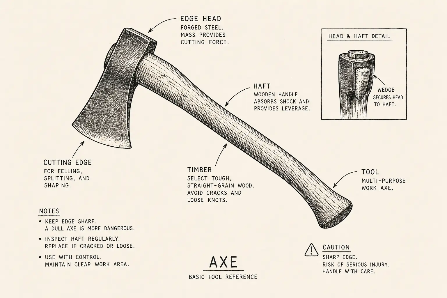 Field sketch of Axe, highlighting edge head and haft, cutting edge, timber, tool.