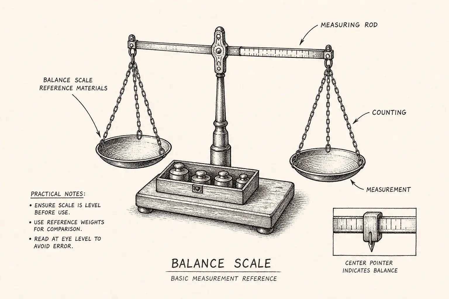 Field sketch of Balance Scale, highlighting balance scale reference materials, counting, measuring rod, measurement.