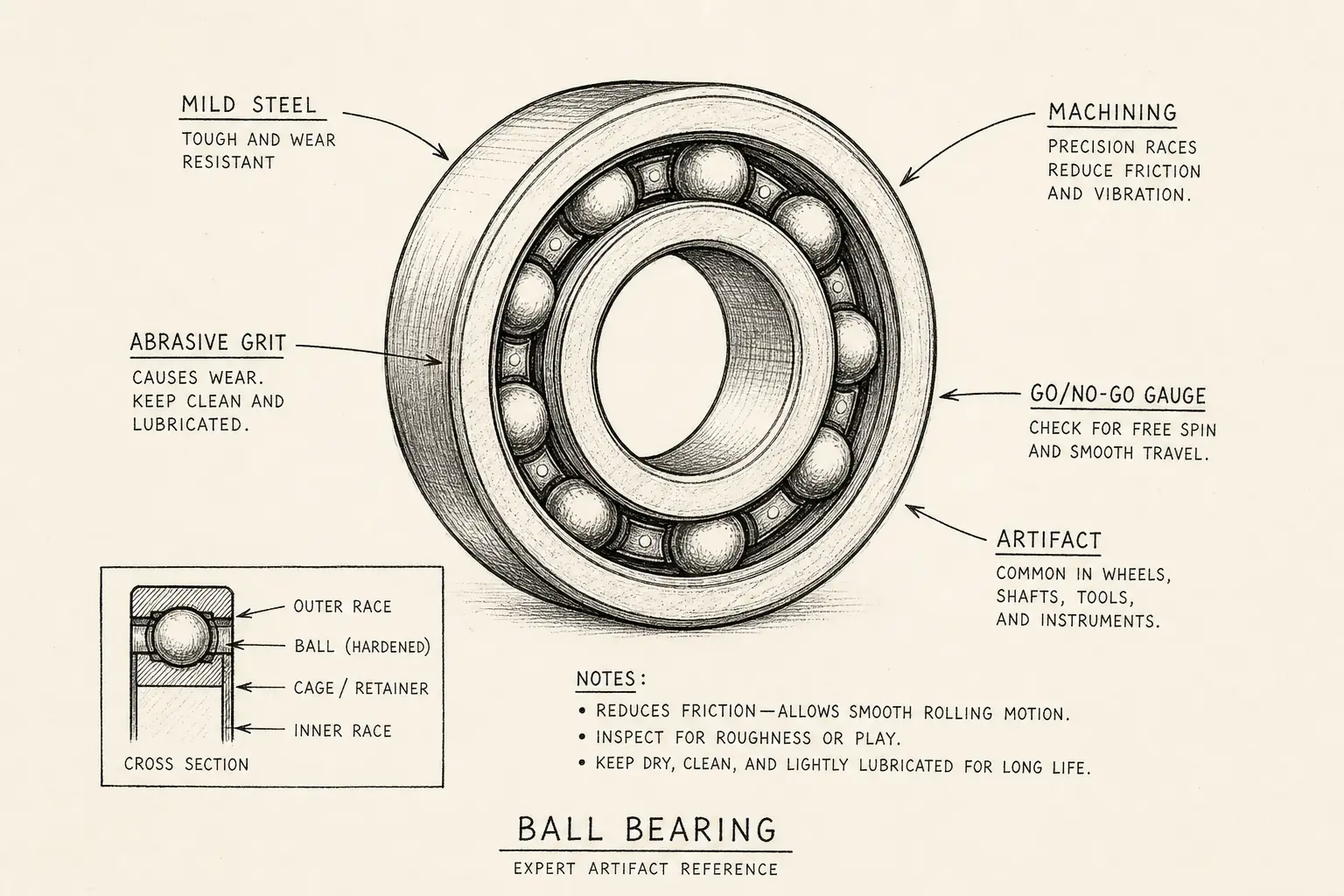 Field sketch of Ball bearing, highlighting mild steel, abrasive grit, machining, go/no-go gauge.