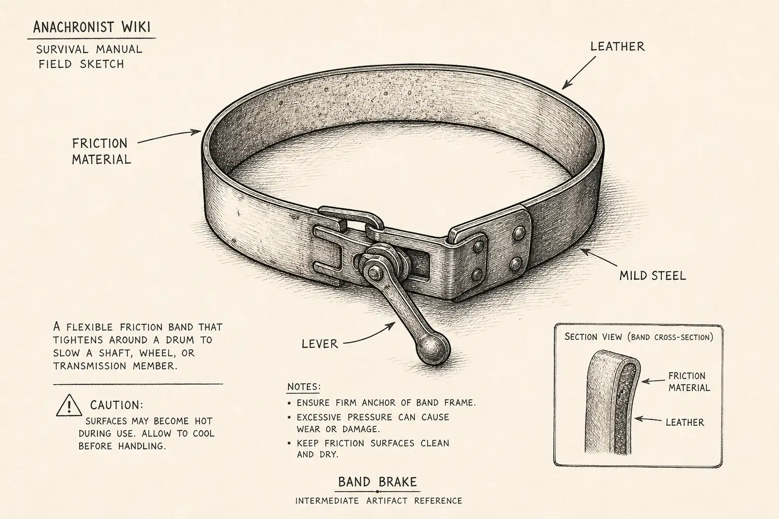 Field sketch of Band brake, highlighting leather, mild steel, friction material, lever.