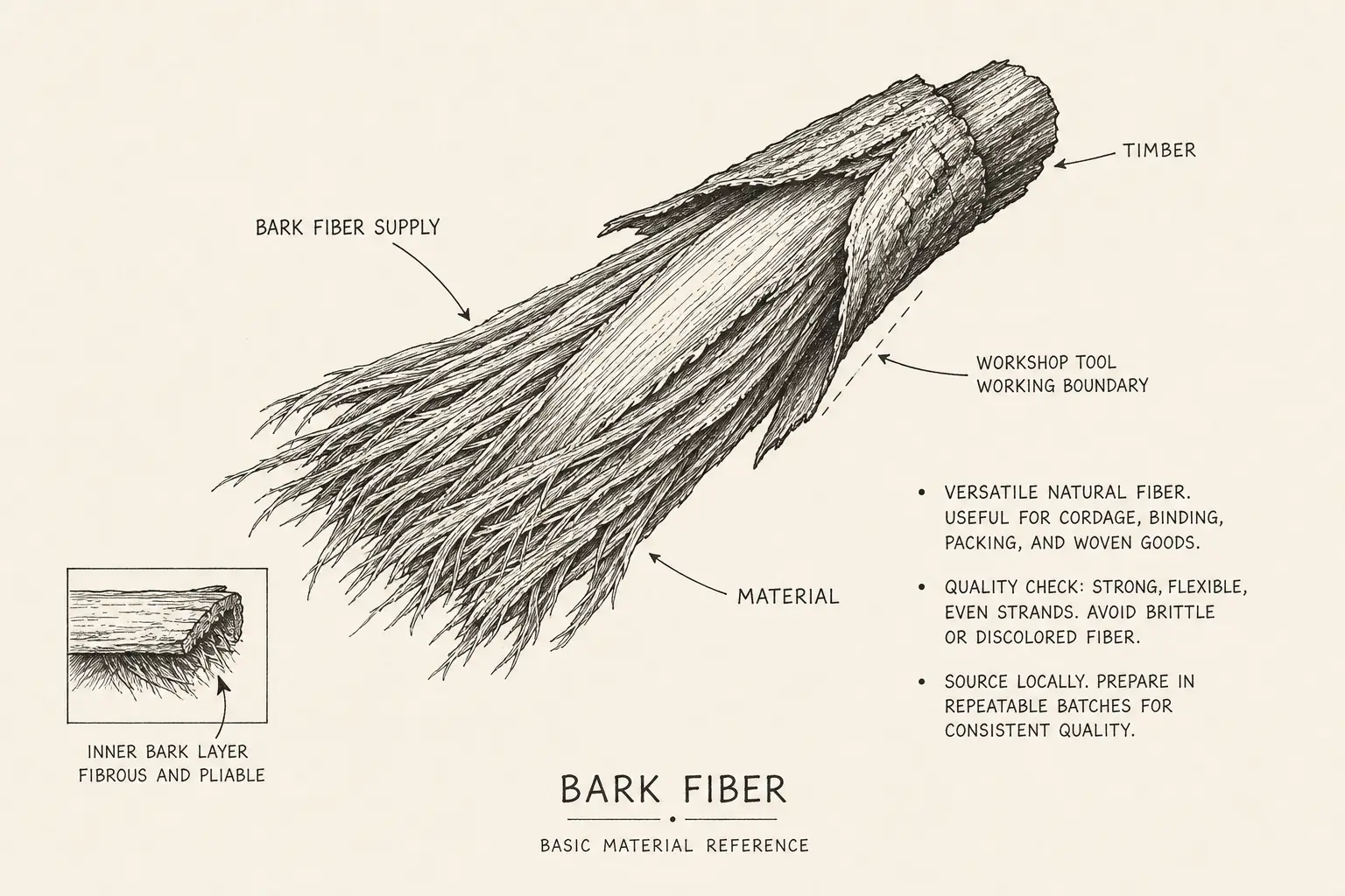 Field sketch of Bark Fiber, highlighting bark fiber supply, timber, cutting edge, material.