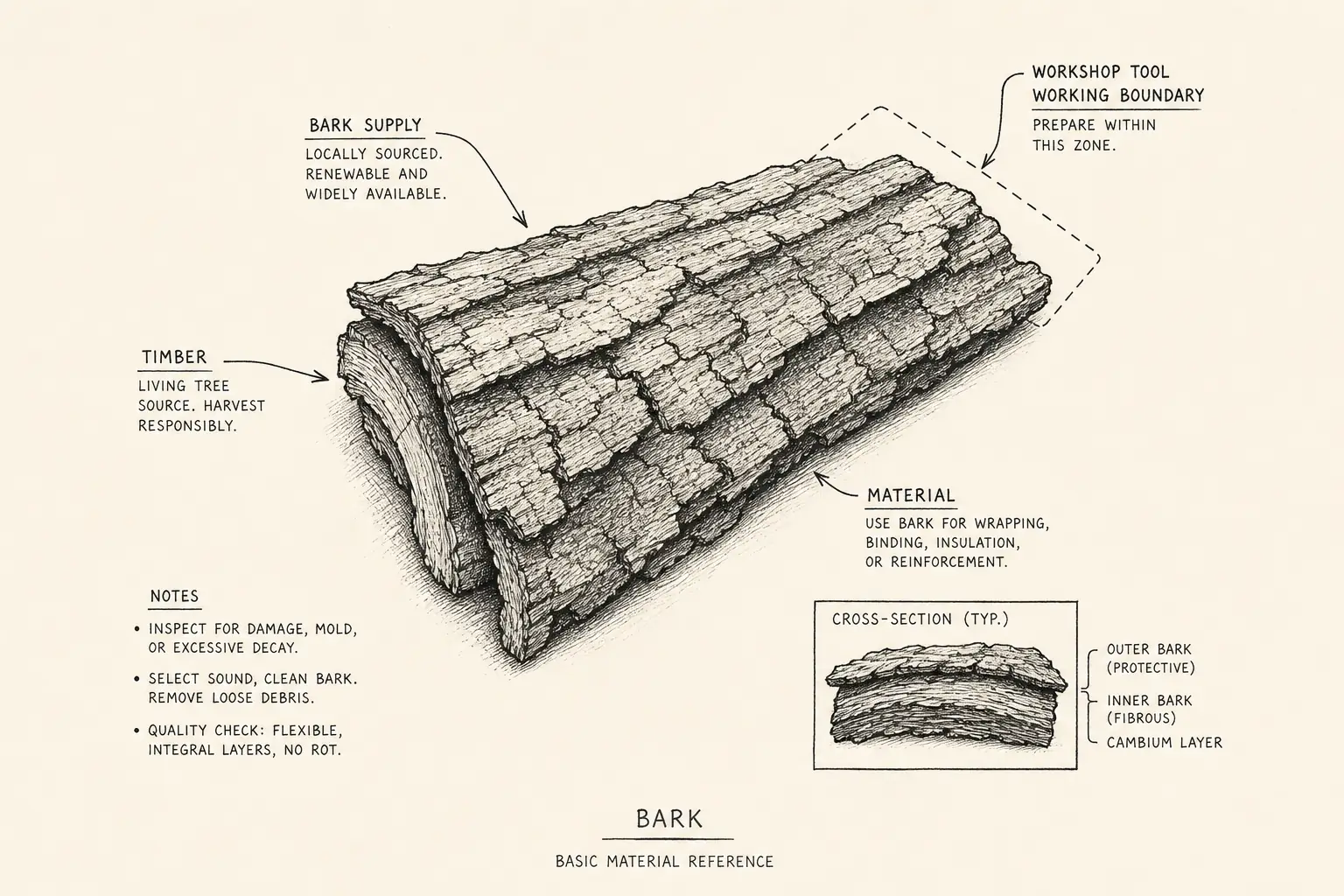 Field sketch of Bark, highlighting bark supply, timber, cutting edge, material.