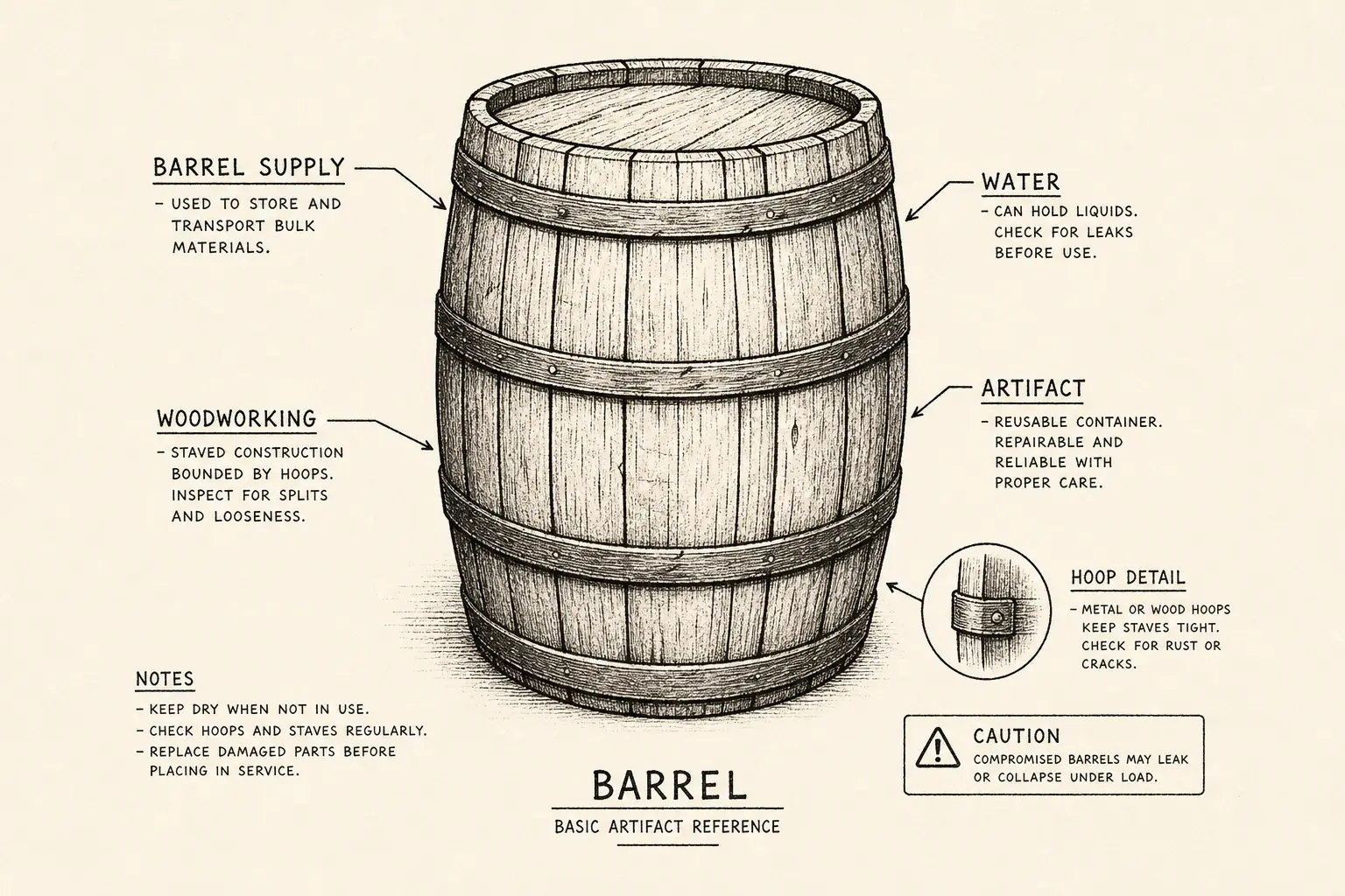 Field sketch of Barrel, highlighting barrel supply, woodworking, water, artifact.