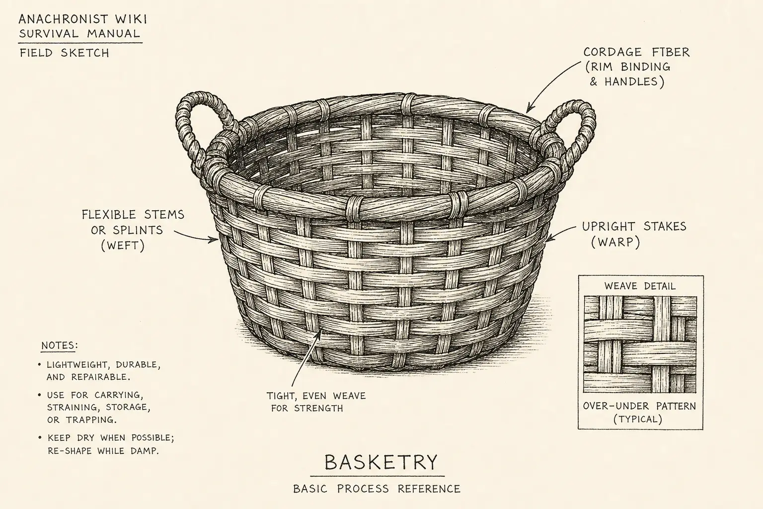 Field sketch of Basketry, highlighting flexible stems or splints, cordage fiber, process.