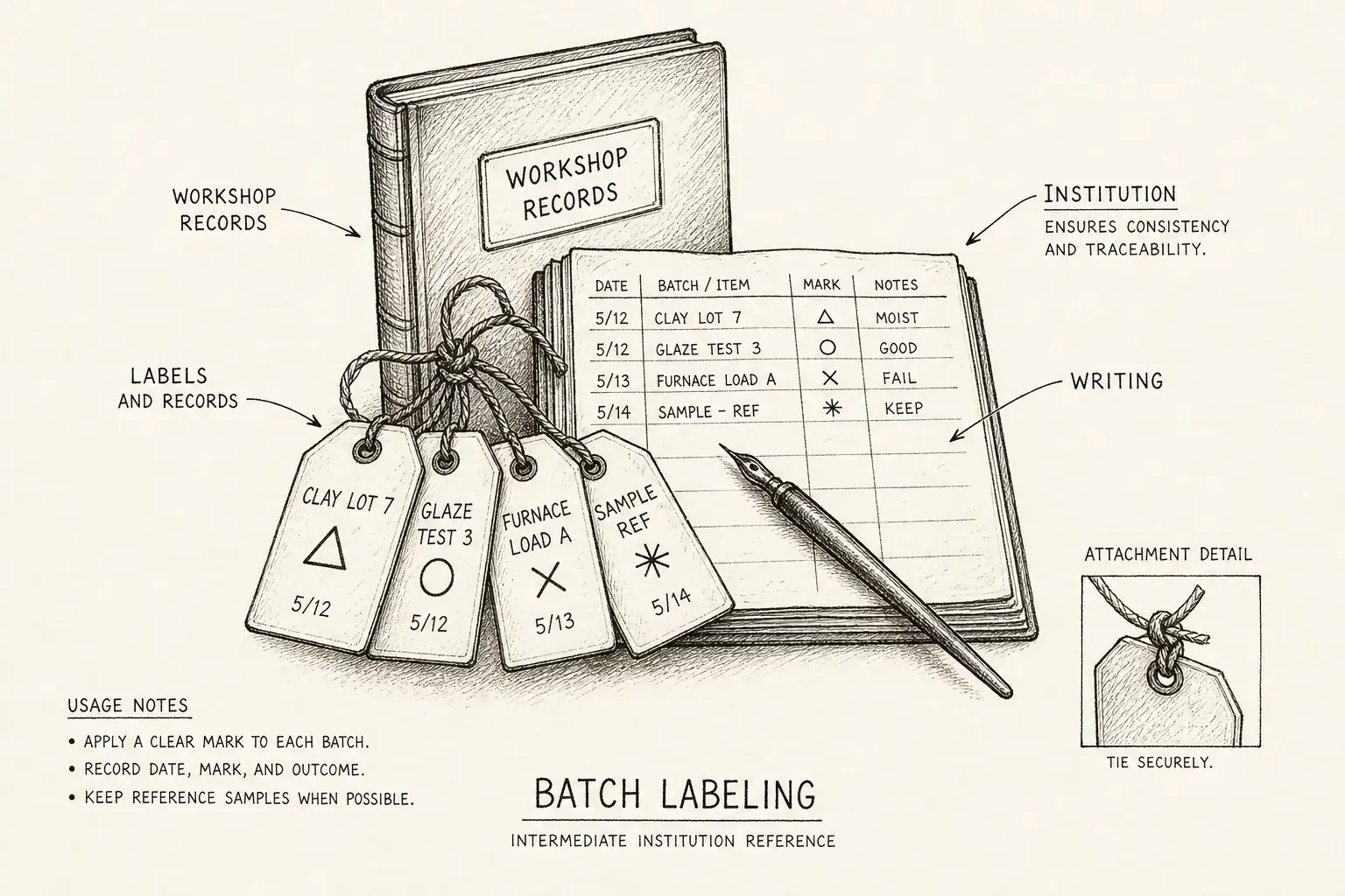 Field sketch of Batch labeling, highlighting labels and records, workshop records, writing, institution.