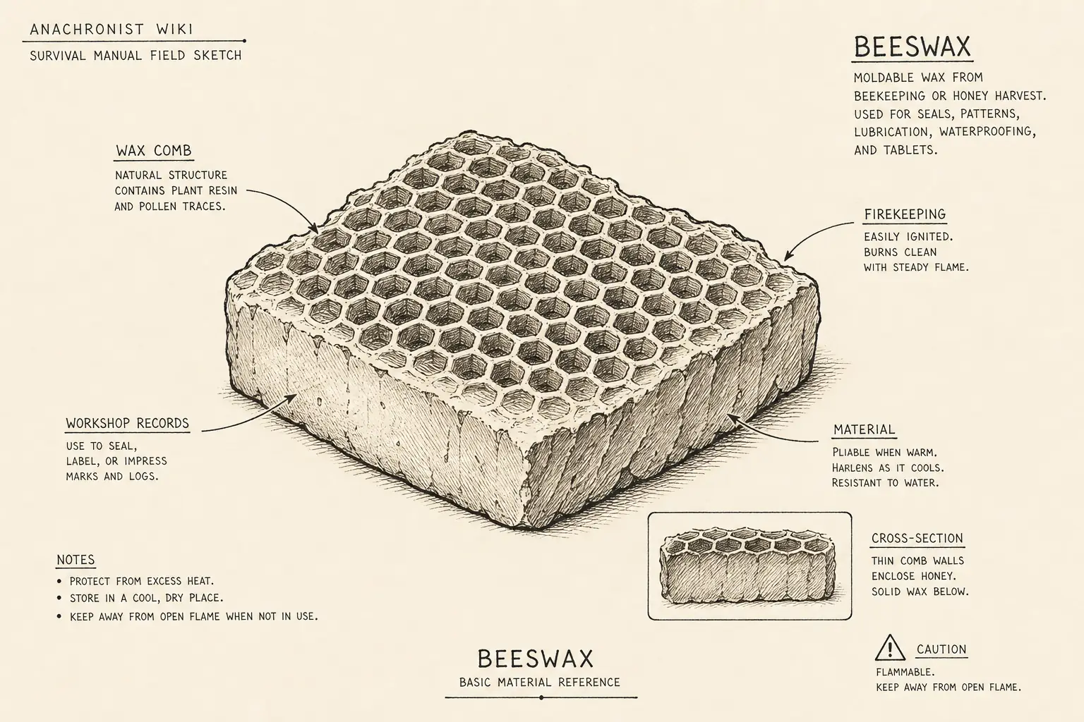 Field sketch of Beeswax, highlighting wax comb, firekeeping, workshop records, material.