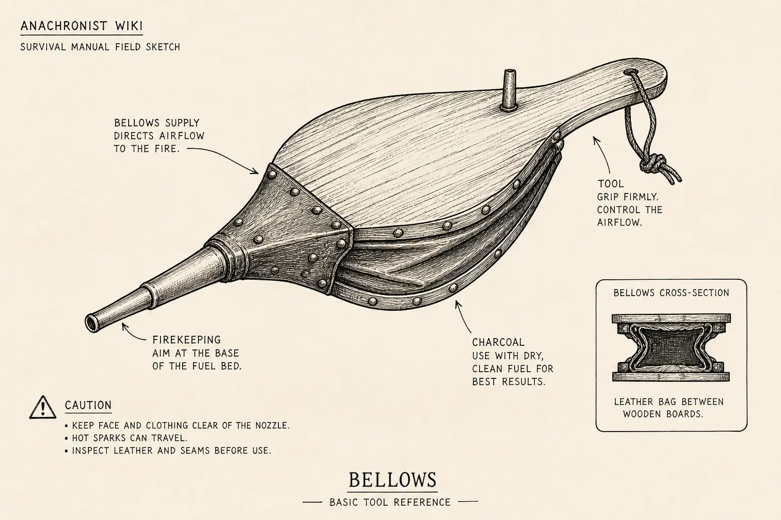 Field sketch of Bellows, highlighting bellows supply, firekeeping, charcoal, tool.