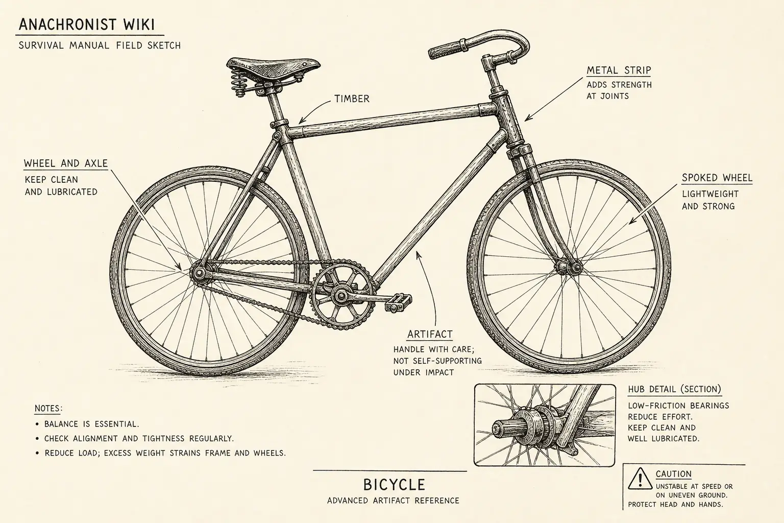 Field sketch of Bicycle, highlighting timber, metal strip, wheel and axle, spoked wheel.