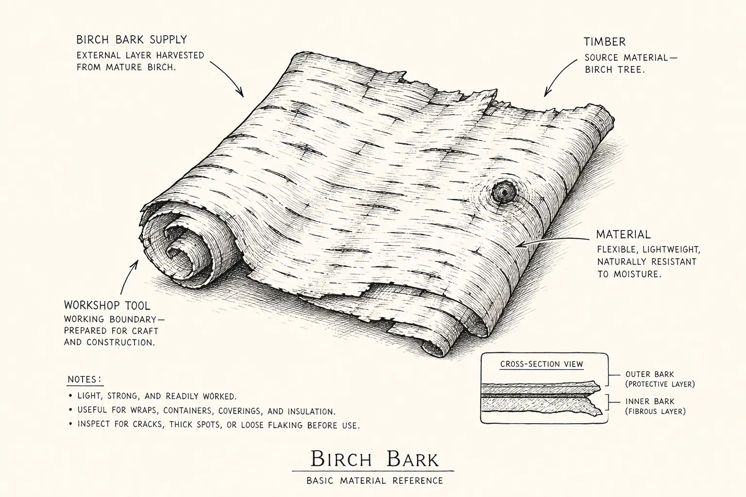 Field sketch of Birch Bark, highlighting birch bark supply, timber, cutting edge, material.