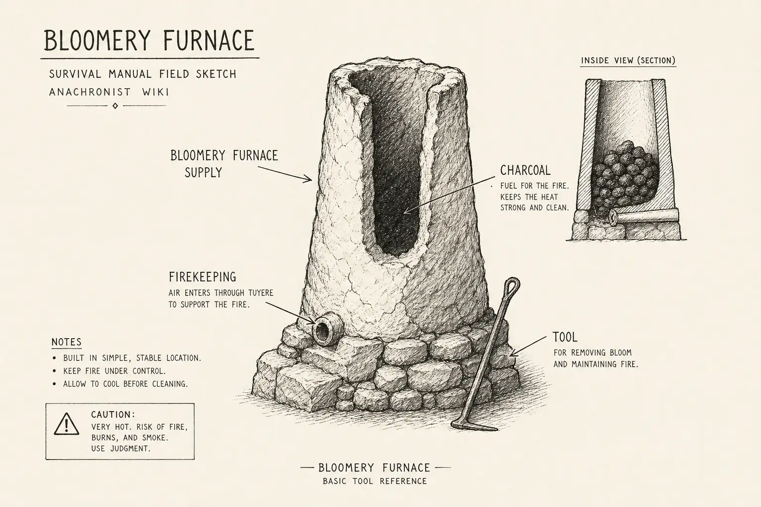 Field sketch of Bloomery Furnace, highlighting bloomery furnace supply, firekeeping, charcoal, tool.