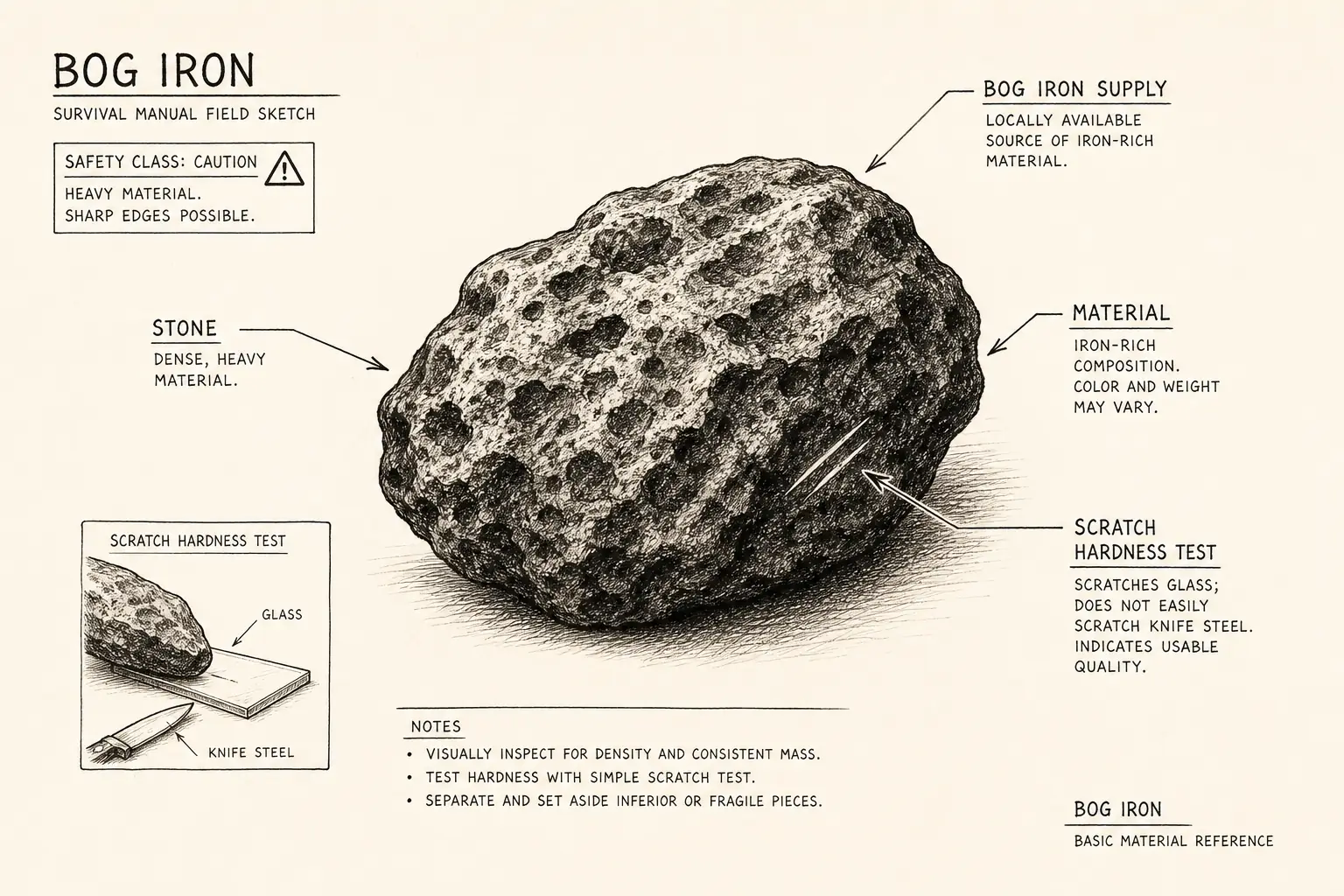 Field sketch of Bog Iron, highlighting bog iron supply, stone, scratch hardness test, material.