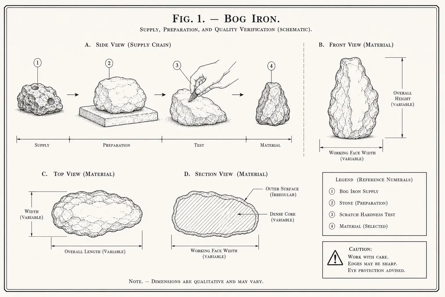 Schematic diagram of Bog Iron, highlighting bog iron supply, stone, scratch hardness test, material and major working relationships.