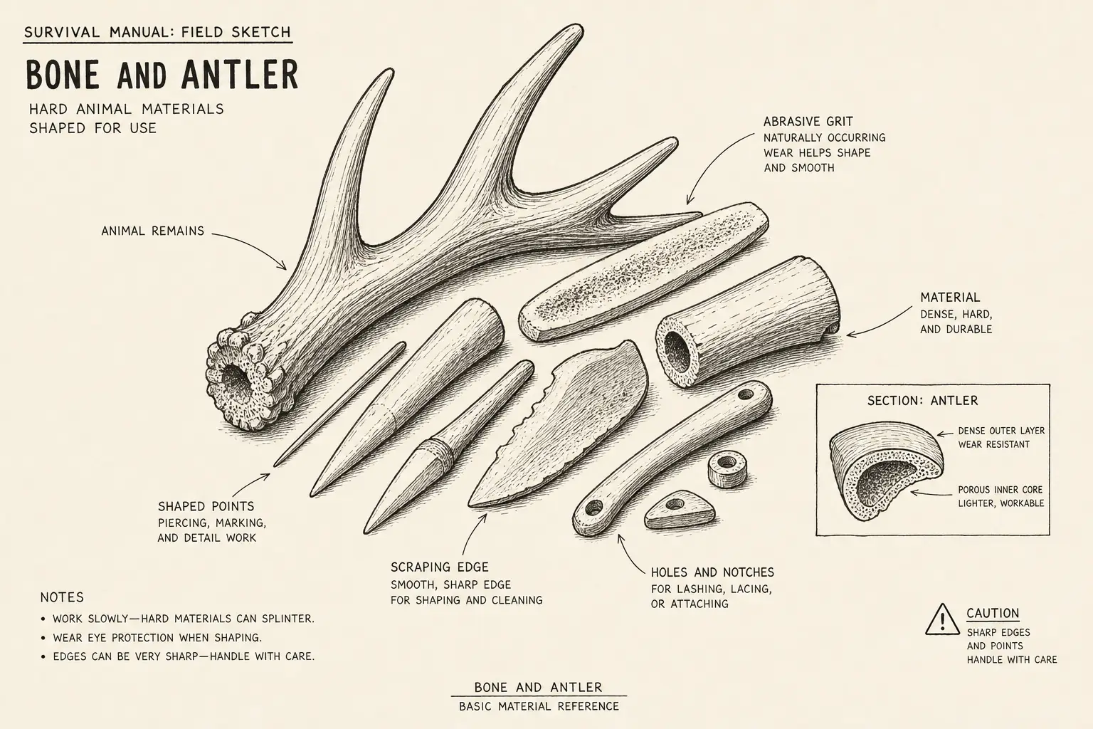 Field sketch of Bone and antler, highlighting animal remains, abrasive grit, material.