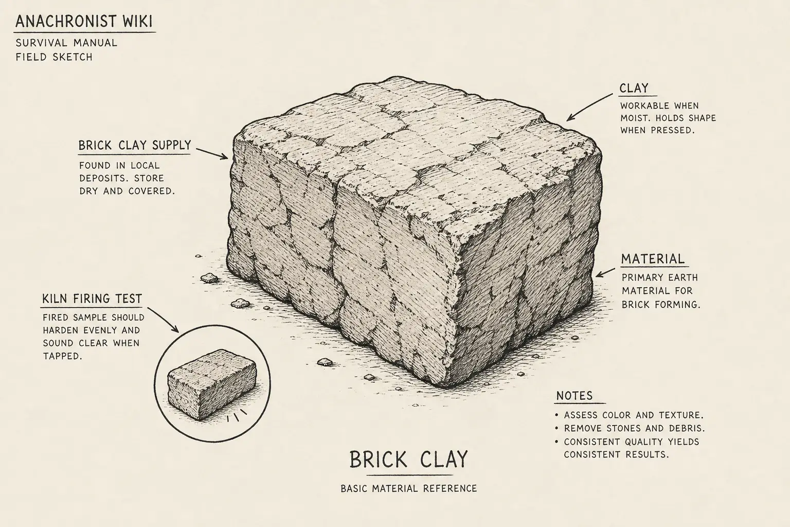 Field sketch of Brick Clay, highlighting brick clay supply, clay, kiln firing test, material.