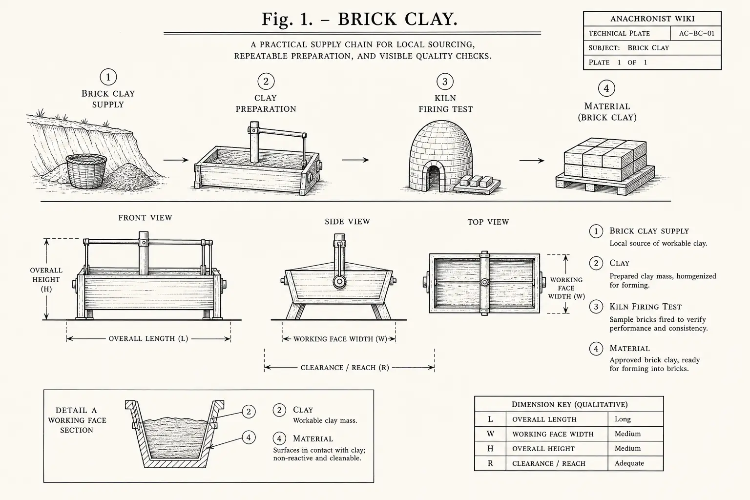 Schematic diagram of Brick Clay, highlighting brick clay supply, clay, kiln firing test, material and major working relationships.