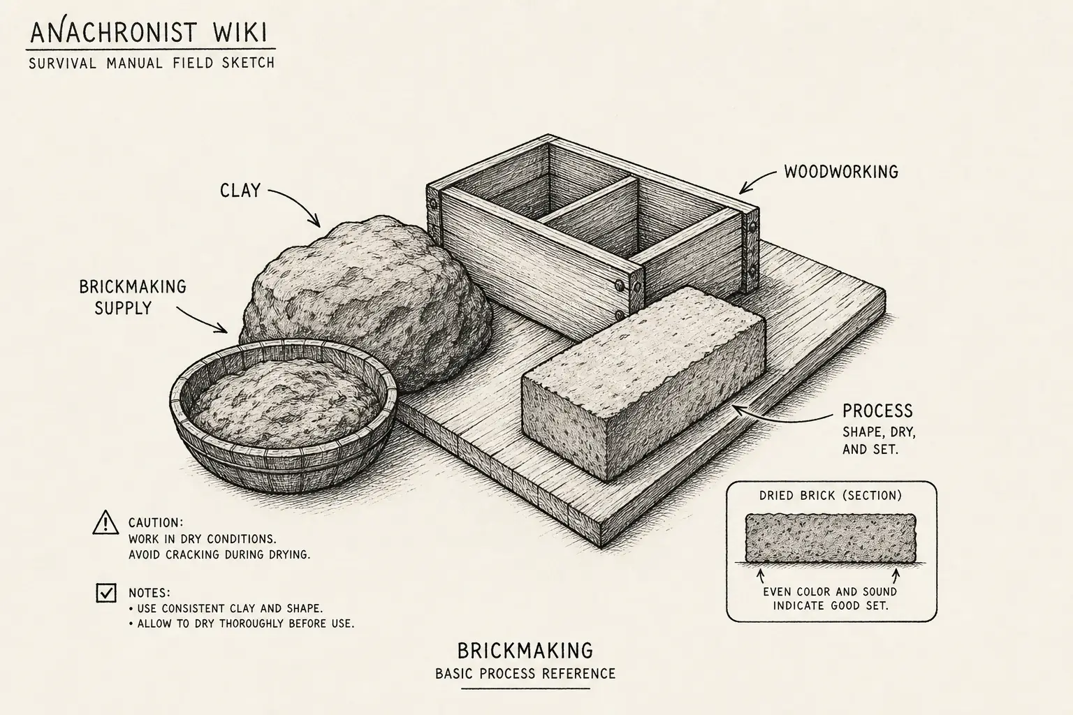 Field sketch of Brickmaking, highlighting brickmaking supply, clay, woodworking, process.