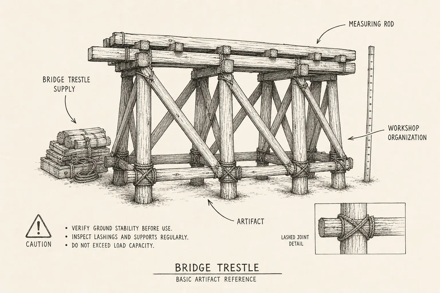 Field sketch of Bridge Trestle, highlighting bridge trestle supply, measuring rod, workshop organization, artifact.