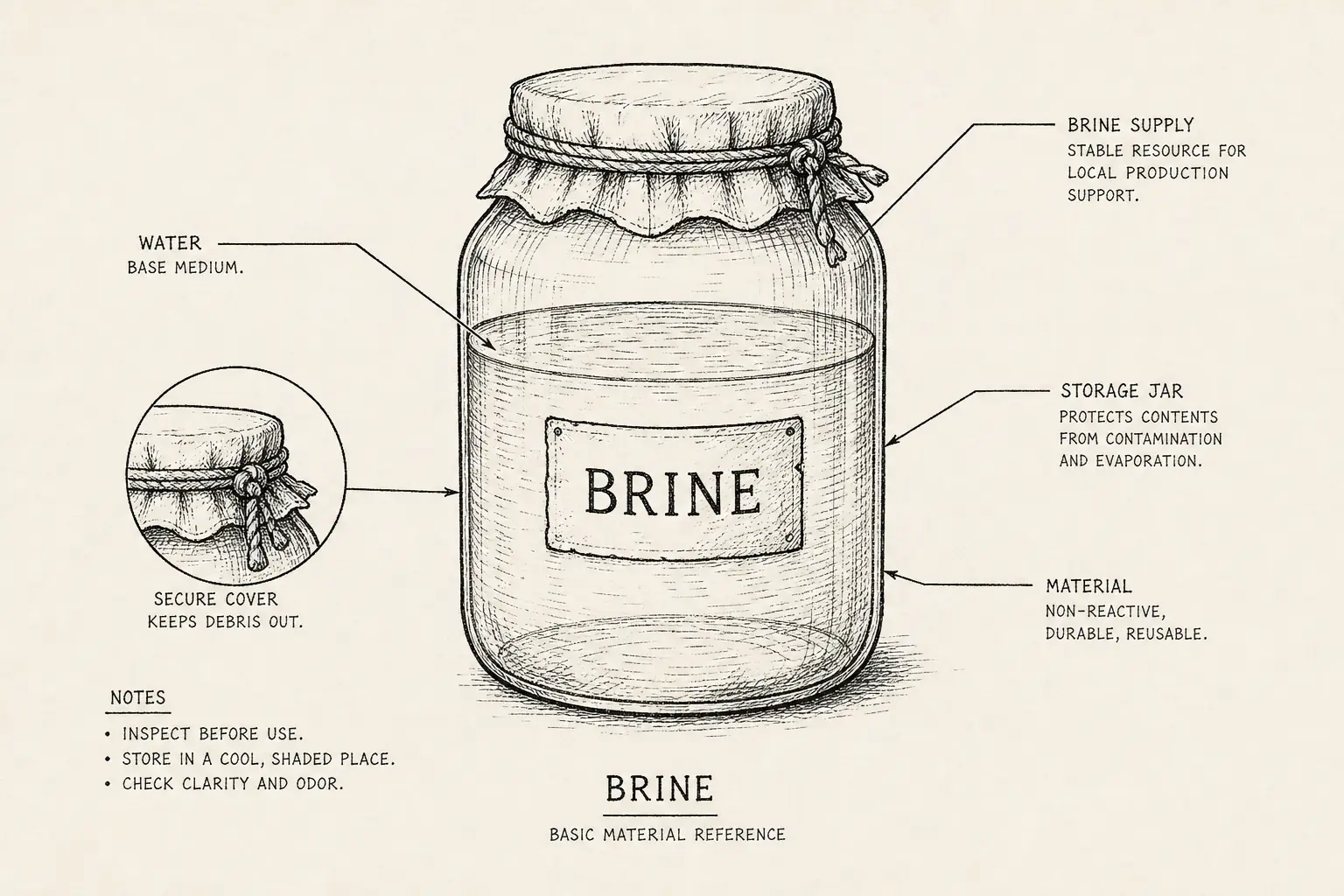 Field sketch of Brine, highlighting brine supply, water, storage jar, material.
