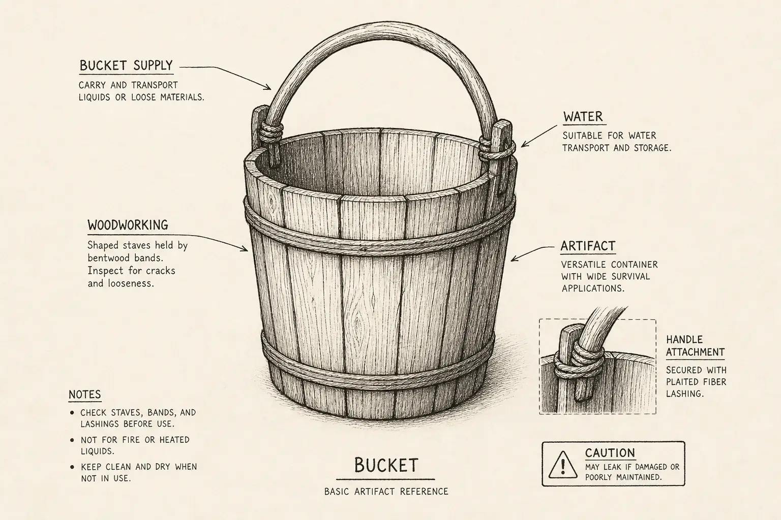 Field sketch of Bucket, highlighting bucket supply, woodworking, water, artifact.