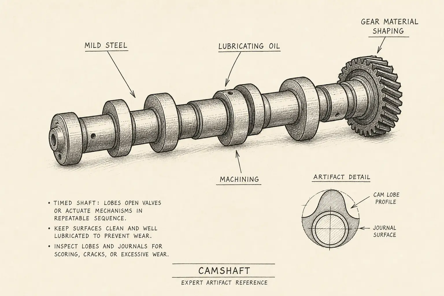 Field sketch of Camshaft, highlighting mild steel, lubricating oil, machining, gear cutting.