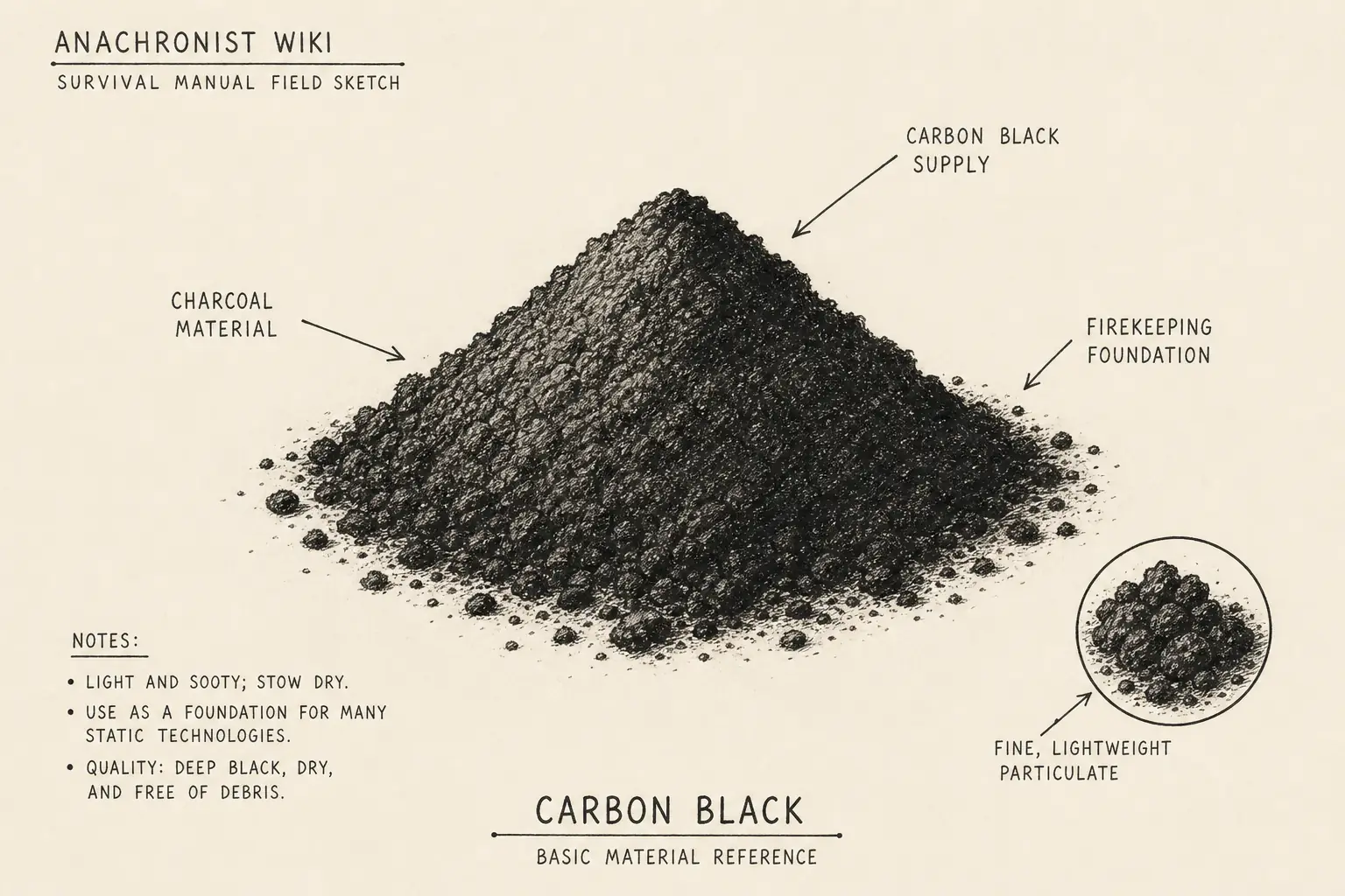 Field sketch of Carbon Black, highlighting carbon black supply, firekeeping, charcoal, material.