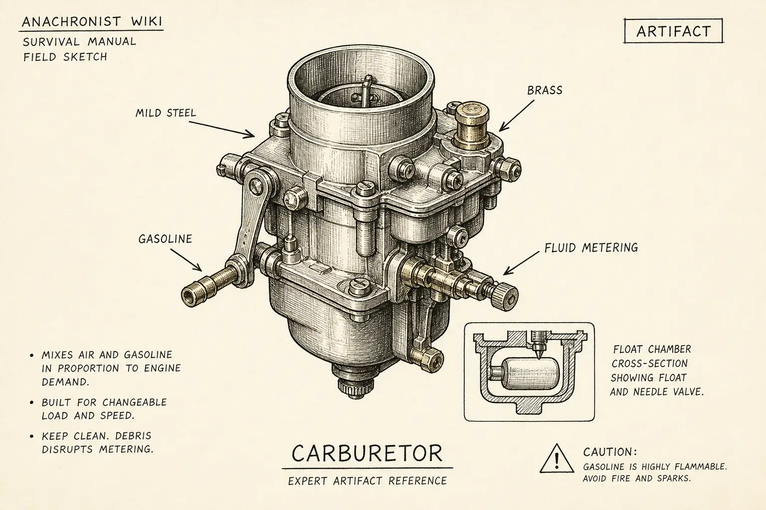 Field sketch of Carburetor, highlighting brass, mild steel, gasoline, fluid metering.