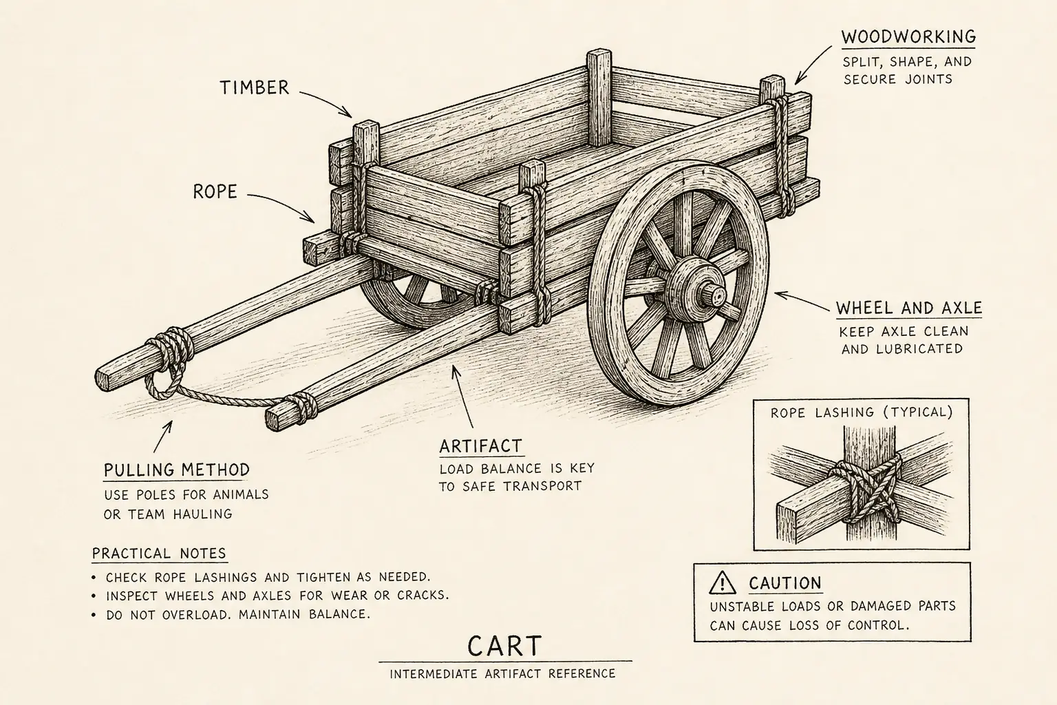 Field sketch of Cart, highlighting timber, rope, wheel and axle, woodworking.