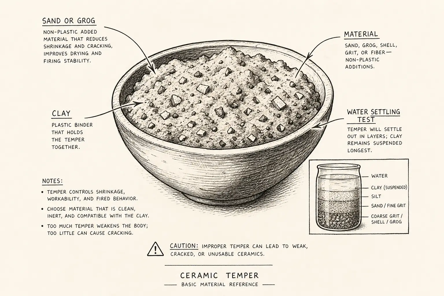 Field sketch of Ceramic temper, highlighting sand or grog, clay, water settling test, material.