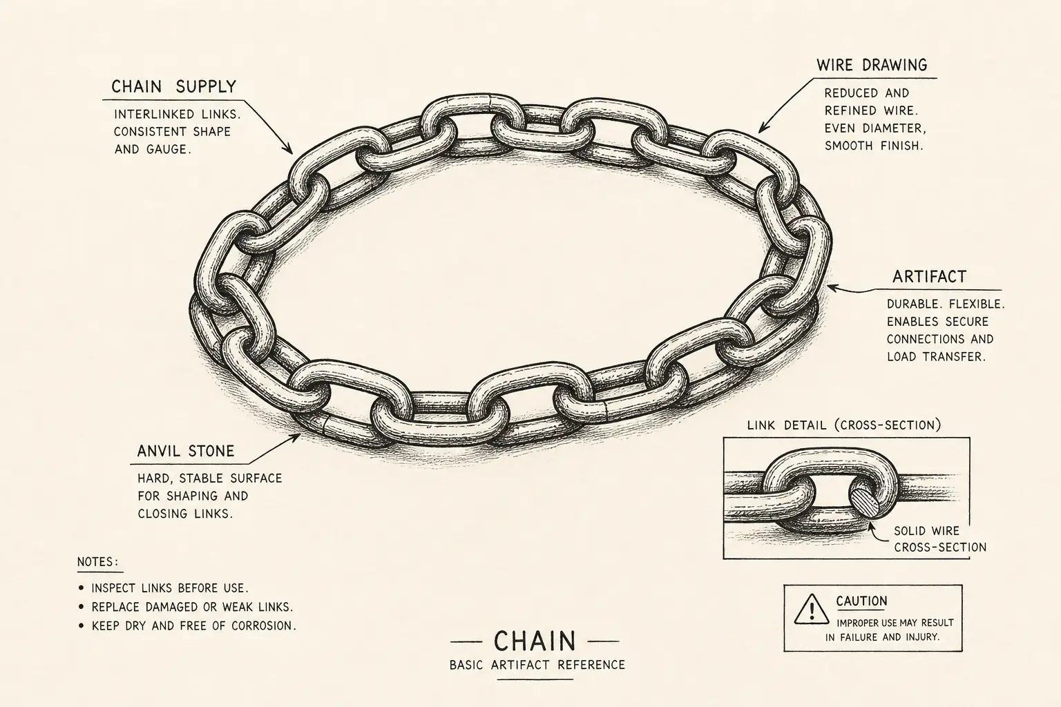 Field sketch of Chain, highlighting chain supply, wire drawing, anvil stone, artifact.