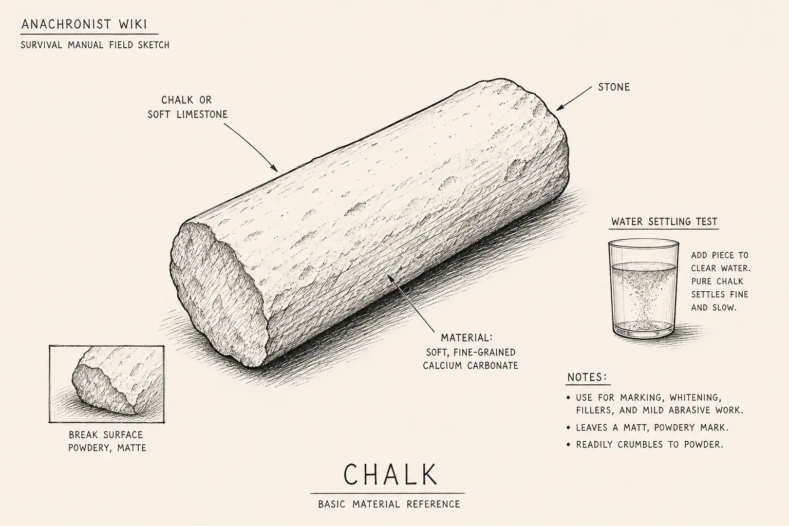 Field sketch of Chalk, highlighting chalk or soft limestone, stone, water settling test, material.