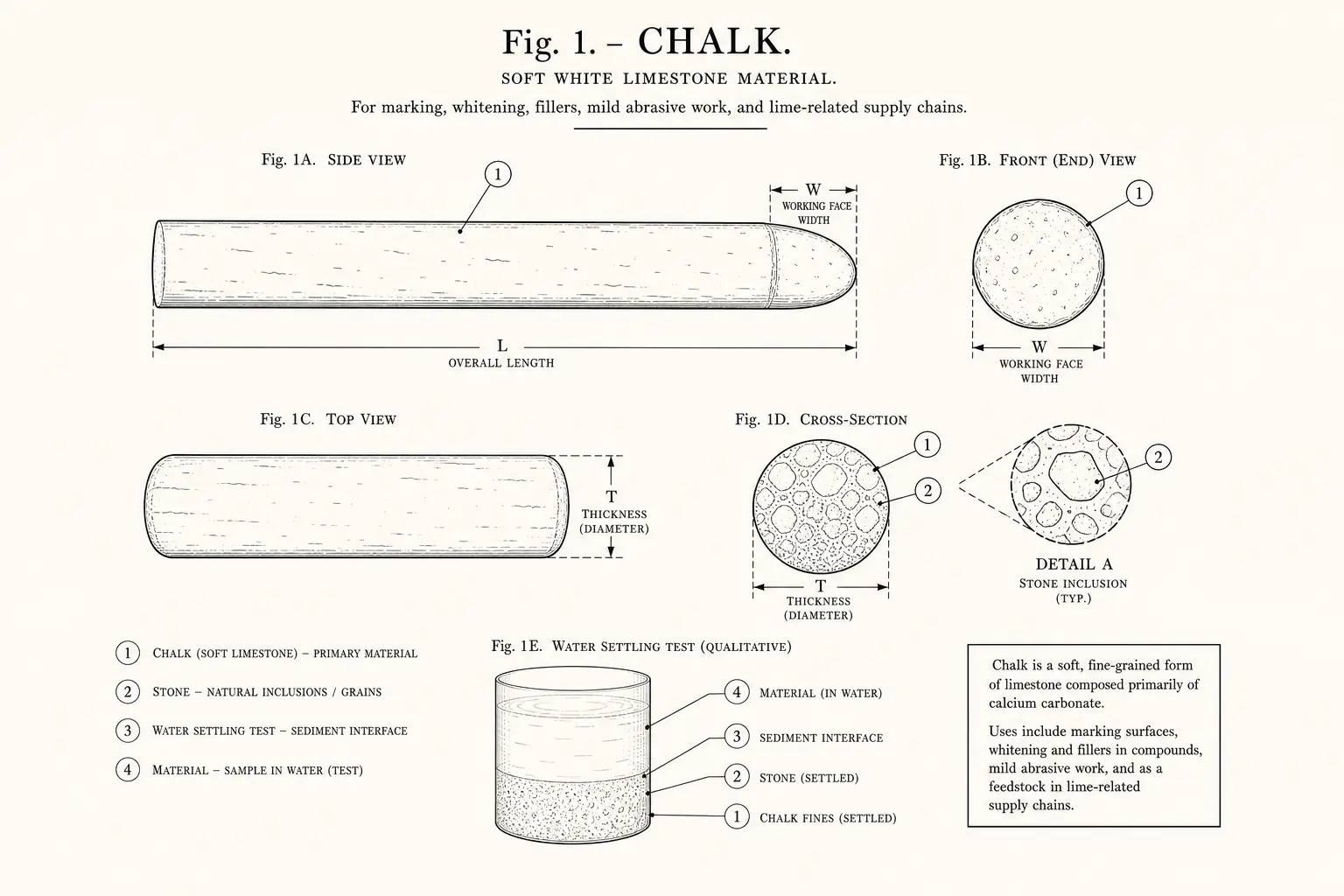 Schematic diagram of Chalk, highlighting chalk or soft limestone, stone, water settling test, material and major working relationships.