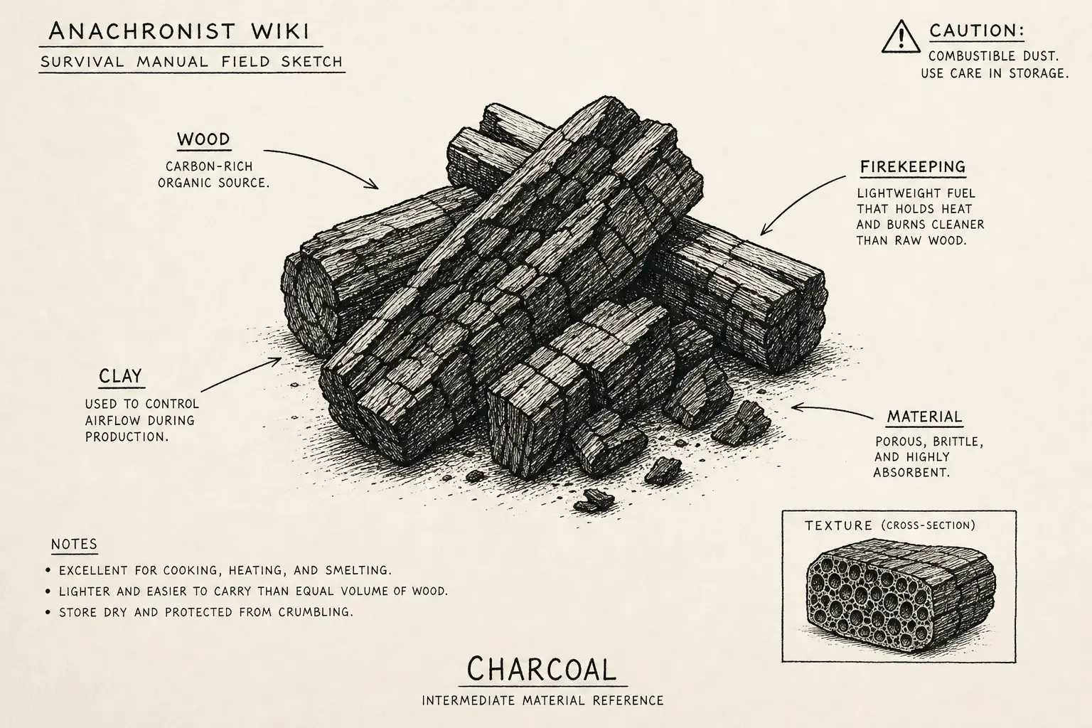 Field sketch of Charcoal, highlighting wood, firekeeping, clay, material.