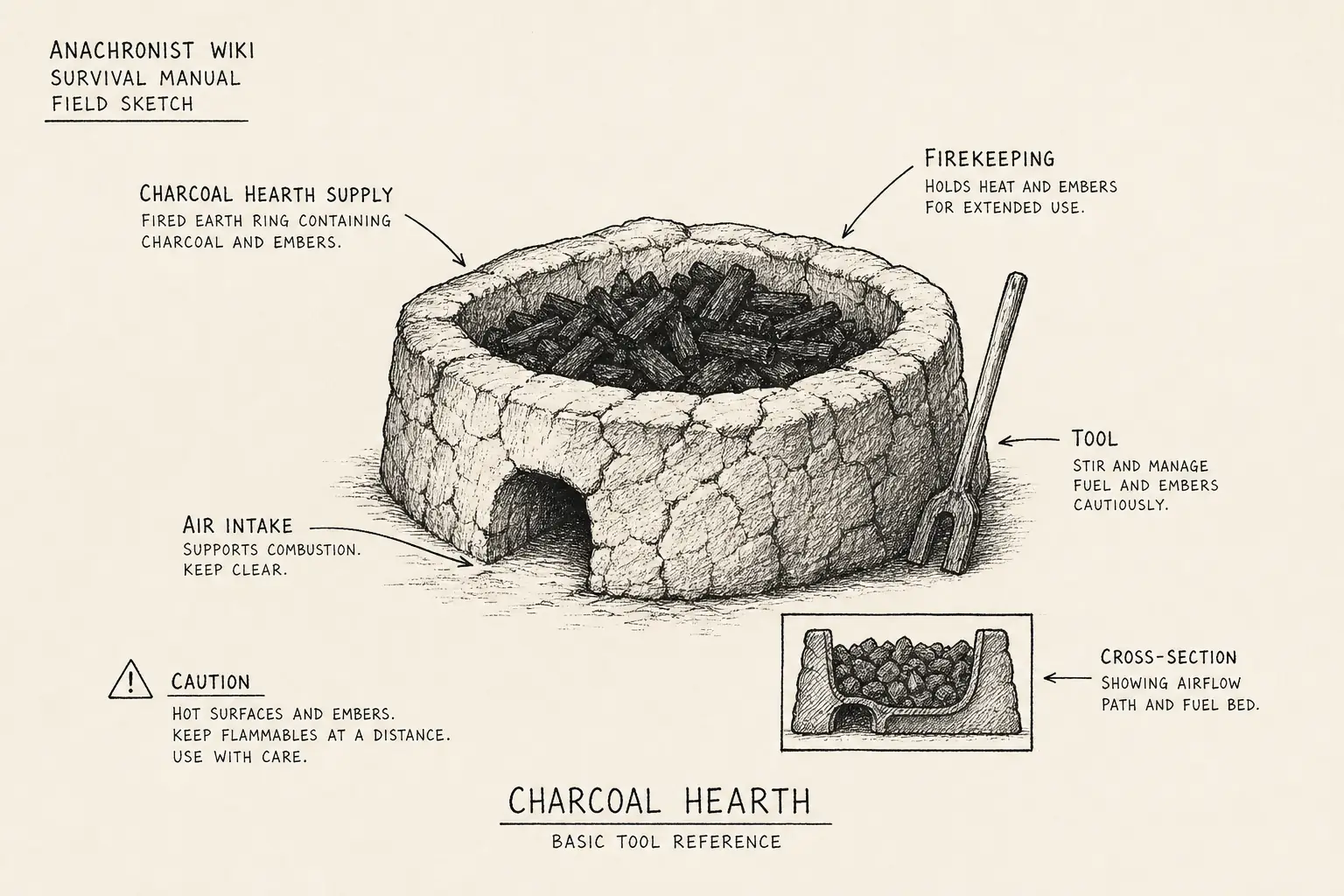 Field sketch of Charcoal Hearth, highlighting charcoal hearth supply, firekeeping, charcoal, tool.