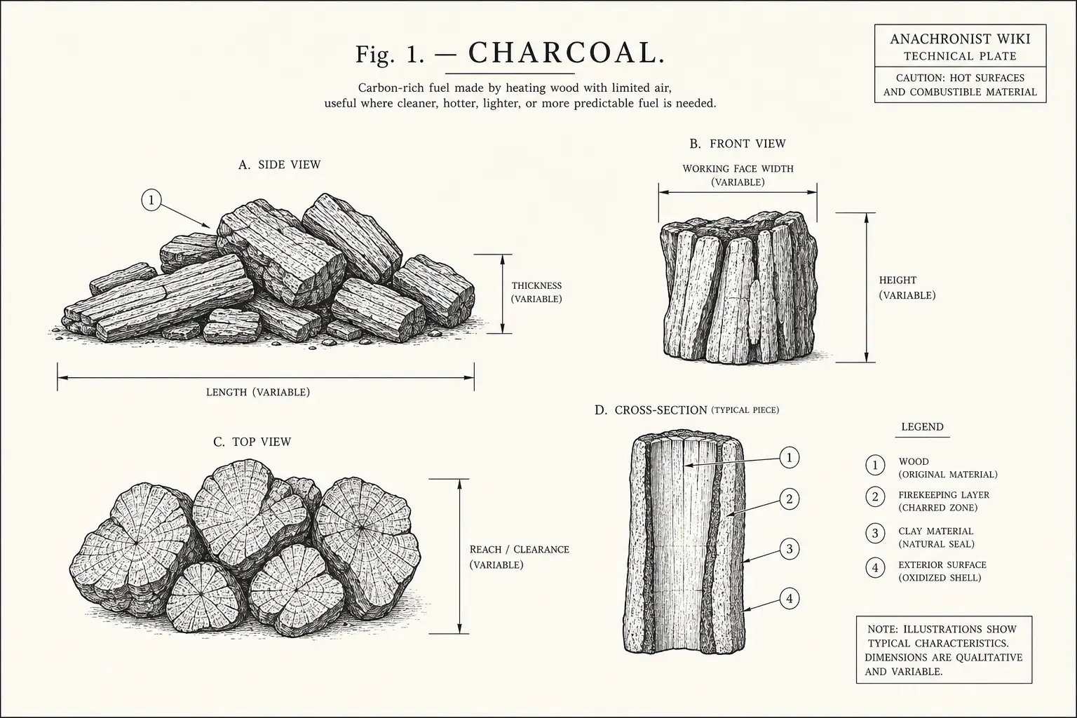 Schematic diagram of Charcoal, highlighting wood, firekeeping, clay, material and major working relationships.