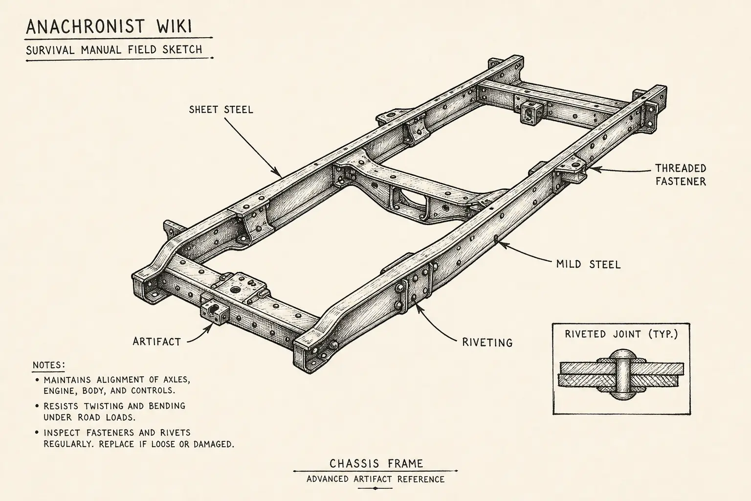 Field sketch of Chassis frame, highlighting sheet steel, threaded fastener, mild steel, riveting.