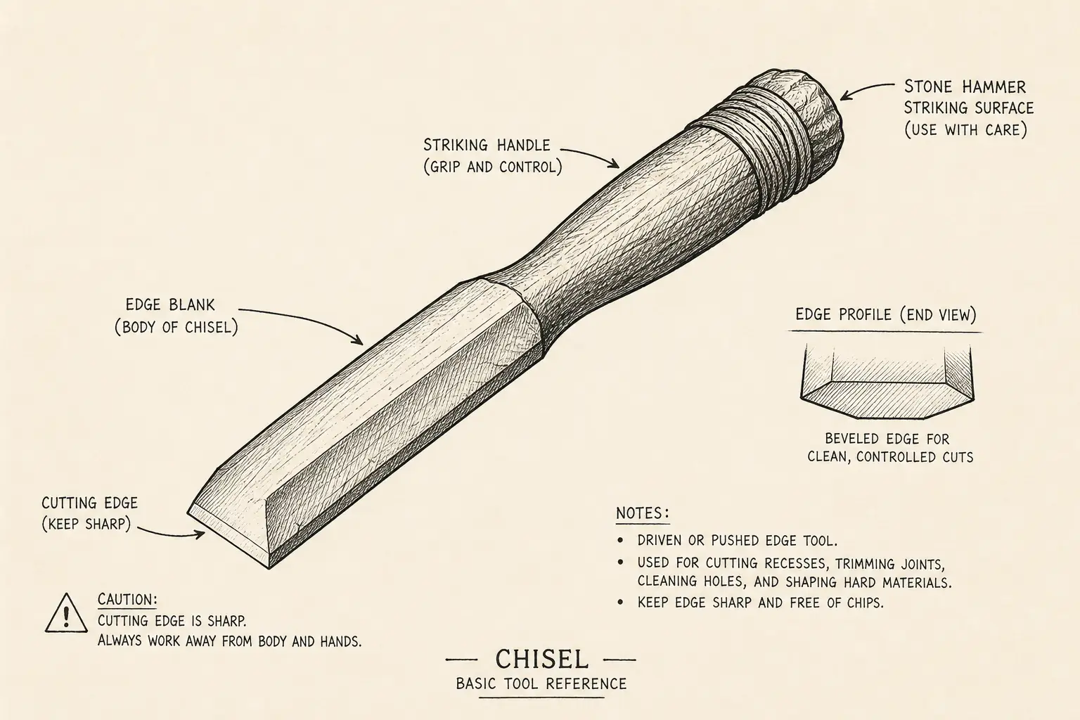 Field sketch of Chisel, highlighting edge blank and striking handle, cutting edge, stone hammer, tool.