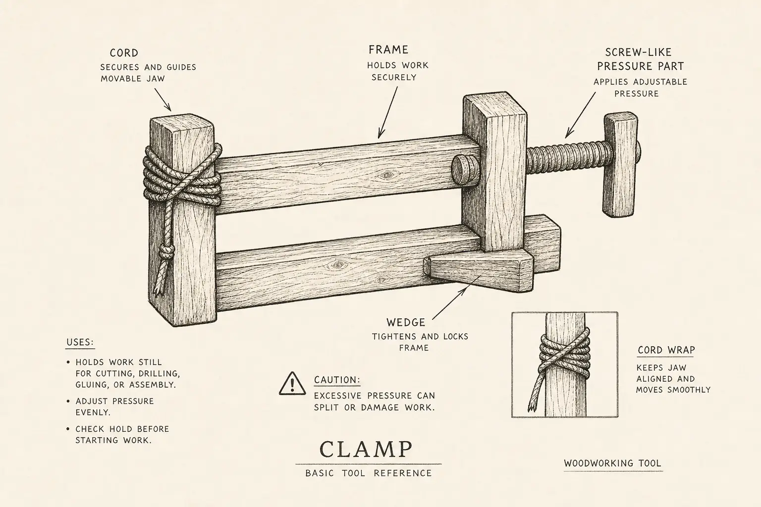 Field sketch of Clamp, highlighting cord, wedge, frame, or screw-like pressure part, rope, woodworking, tool.