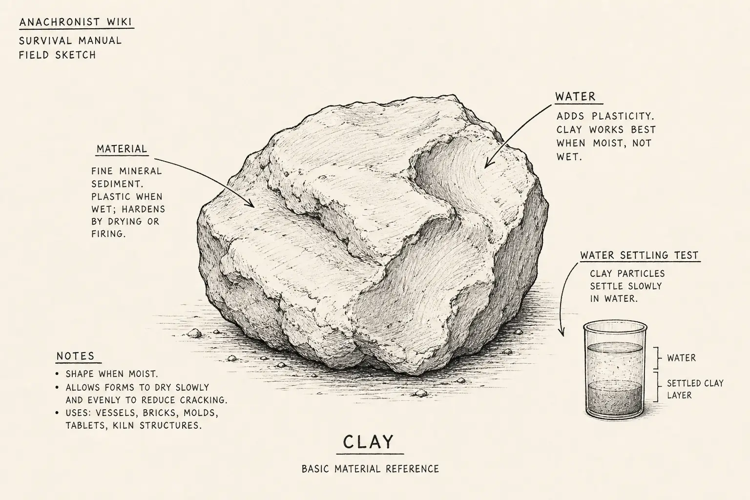 Field sketch of Clay, highlighting water, water settling test, material.