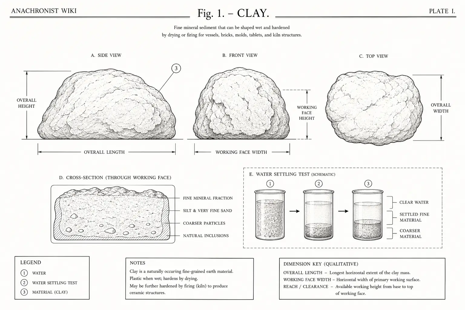 Schematic diagram of Clay, highlighting water, water settling test, material and major working relationships.